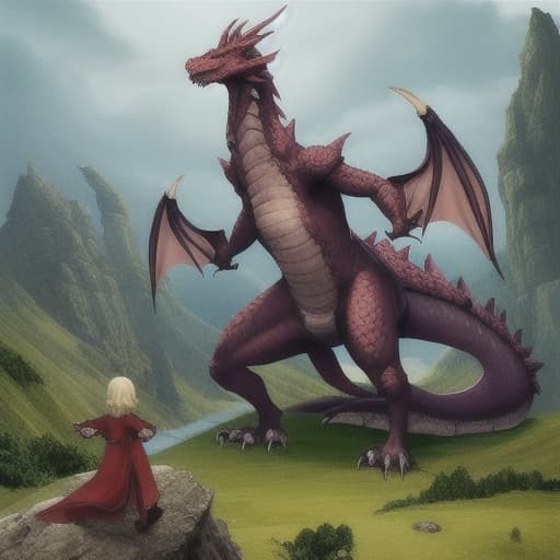  Big dragons on a hill and fantasy with a small girl standing