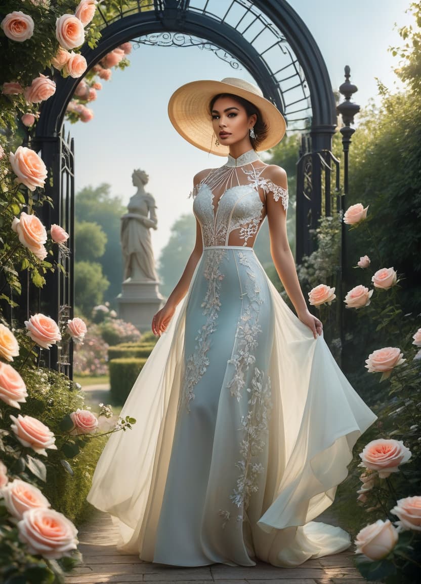  futuristic style Delicate English watercolour in pastel tones, on the background of English garden flowers powder roses in dew, among roses stands a lovely in a straw hat decorated with flowers and in a lush dress with lace, openwork wrought iron fence, octane, dew glistens and shimmers in the sun lumen, in the distance marble statue, aesthetic flowers,art botanical, organic biological,realistic . sleek, modern, ultramodern, high tech, detailed hyperrealistic, full body, detailed clothing, highly detailed, cinematic lighting, stunningly beautiful, intricate, sharp focus, f/1. 8, 85mm, (centered image composition), (professionally color graded), ((bright soft diffused light)), volumetric fog, trending on instagram, trending on tumblr, HDR 4K, 8K