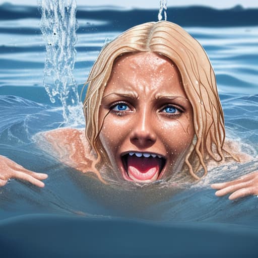  tanned blonde woman drowning and sinking in the water water is up to her nose, her body is not visible she's screaming and panic