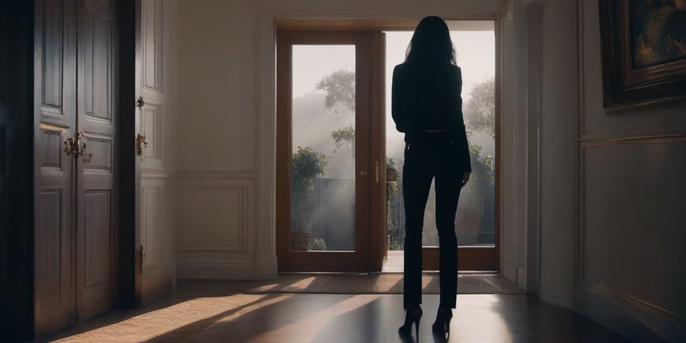  A girl stands by the door, in the background there is a silhouette of a man. hyperrealistic, full body, detailed clothing, highly detailed, cinematic lighting, stunningly beautiful, intricate, sharp focus, f/1. 8, 85mm, (centered image composition), (professionally color graded), ((bright soft diffused light)), volumetric fog, trending on instagram, trending on tumblr, HDR 4K, 8K