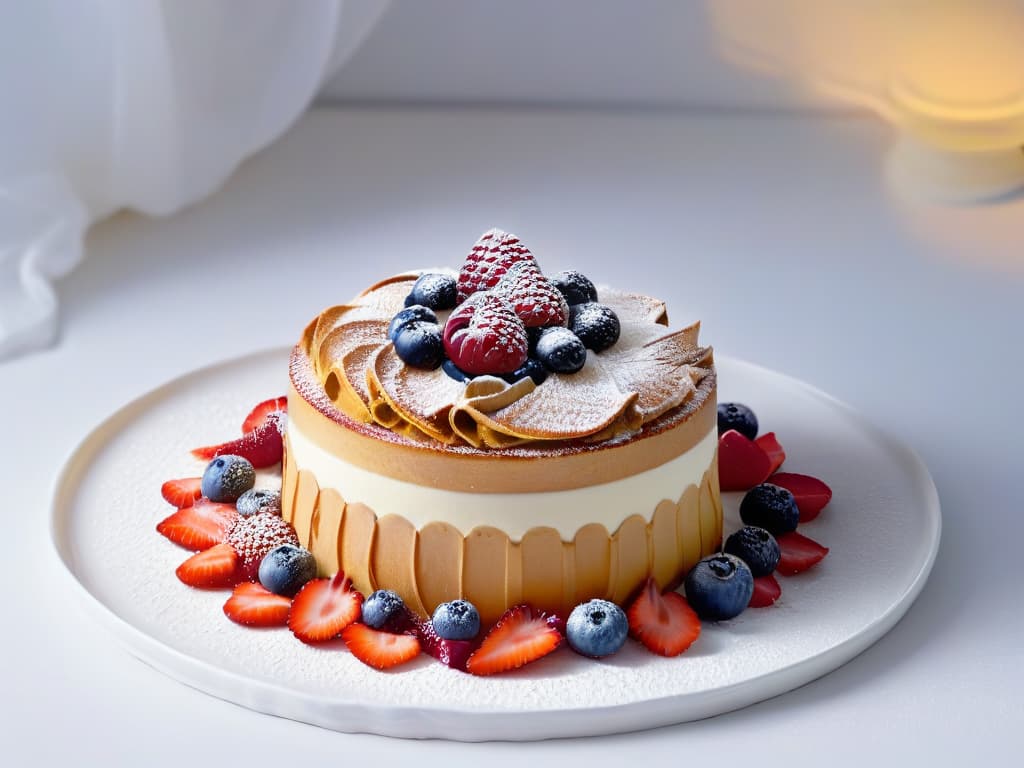  A minimalist image featuring a beautifully crafted Nordicinspired pastry on a sleek, modern plate. The dessert is elegantly decorated with delicate swirls of cream and vibrant red berries, set against a backdrop of soft, diffused lighting that highlights the intricate details of the dessert. The overall aesthetic is clean, sophisticated, and visually striking, capturing the essence of Scandinavian pastry artistry and global culinary trends. hyperrealistic, full body, detailed clothing, highly detailed, cinematic lighting, stunningly beautiful, intricate, sharp focus, f/1. 8, 85mm, (centered image composition), (professionally color graded), ((bright soft diffused light)), volumetric fog, trending on instagram, trending on tumblr, HDR 4K, 8K