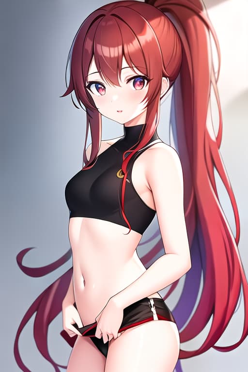  A high quality image of a beautiful small chested girl with long ponytail dark red hair and detailed amber coloured eyes wearing and stripping