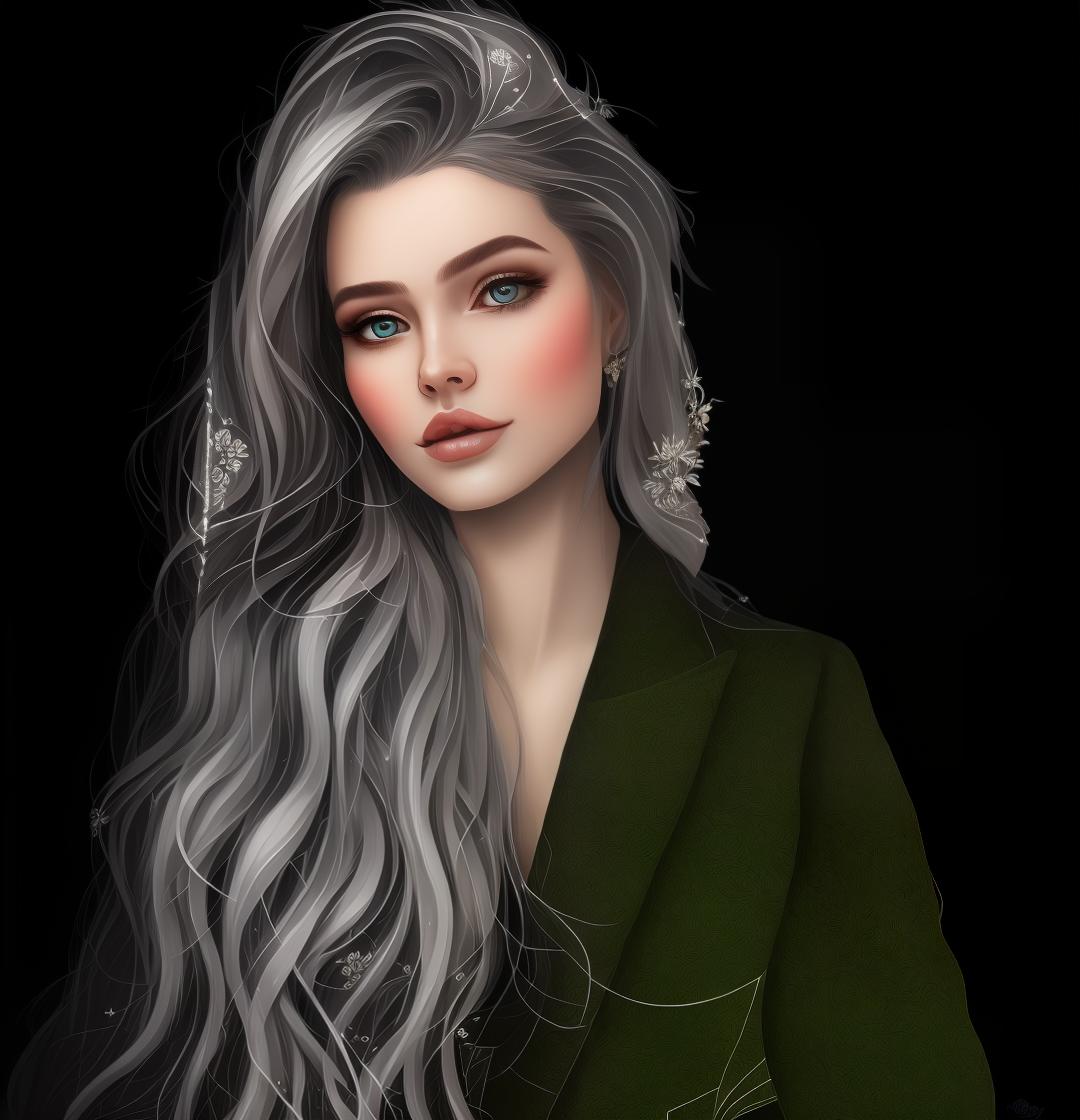 mdjrny-v4 style Create a Fantasy style avatar of a female Elf. Prominent Elf Ears, ears should be pointed, long, sharp, visible behind the hair. The character should have long, flowing silver hair, caught in a bun, adorned with delicate flowers. Her eyes should be almond shaped and bright green. She should wear an elegant, fitted tunic with intricate leaf patterns and embroidery. Her ears should be pointed and prominent, a defining feature of Elves. She should have a graceful and slender build, with pale, smooth skin.