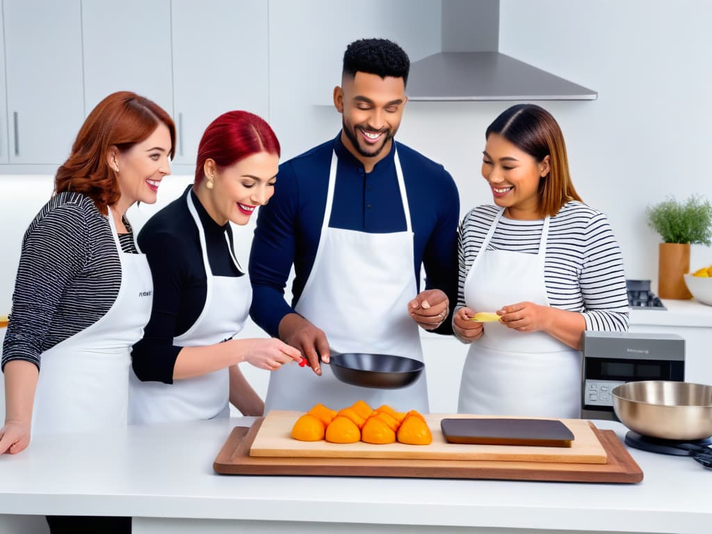  A minimalist, highresolution image of a diverse group of individuals with varying abilities joyfully baking together in a modern kitchen filled with advanced baking gadgets and technology. The scene captures the essence of inclusivity, innovation, and collaboration, showcasing the seamless integration of technology into the art of baking for all. hyperrealistic, full body, detailed clothing, highly detailed, cinematic lighting, stunningly beautiful, intricate, sharp focus, f/1. 8, 85mm, (centered image composition), (professionally color graded), ((bright soft diffused light)), volumetric fog, trending on instagram, trending on tumblr, HDR 4K, 8K