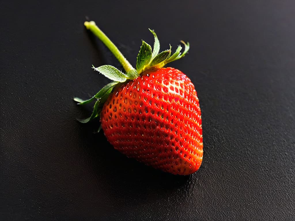  A closeup, ultradetailed image of a perfectly ripe, vibrant red strawberry with tiny water droplets glistening on its surface, placed on a sleek, matte black surface. The strawberry is impeccably fresh, showcasing its natural ridges and seeds, with the green leafy cap intact, casting a subtle shadow underneath. The image captures the texture of the strawberry in such detail that each tiny seed and water droplet is crystal clear, creating a visually striking and appetizing minimalist composition. hyperrealistic, full body, detailed clothing, highly detailed, cinematic lighting, stunningly beautiful, intricate, sharp focus, f/1. 8, 85mm, (centered image composition), (professionally color graded), ((bright soft diffused light)), volumetric fog, trending on instagram, trending on tumblr, HDR 4K, 8K