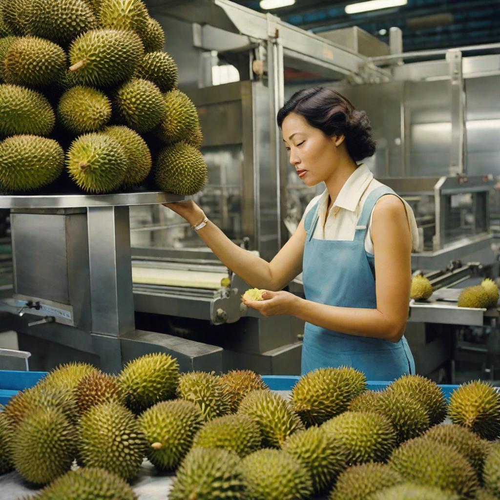  Masterpiece, best quality, in this mesmerizing composition, a charming lady exudes seduction as she holds a sweet durian in her slender hands. She stands in the rotating machine of the durian production line, exuding complexity and sensuality, effortlessly balancing the contrasting elements. Photorealistic style captures every intricate detail, emphasizing the vibrant colors and textures of the scene, while the use of Kodak Portra 400 film adds a touch of nostalgia and warmth to the image.