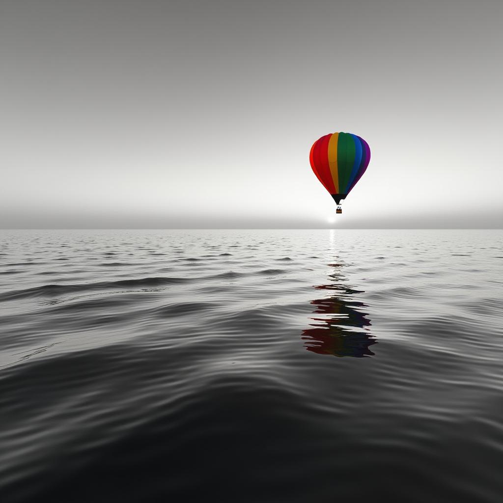  good quality, high quality, a stunning, high definition monochrome image of a vast, tranquil ocean at dusk, with soft waves gently rolling across the surface. the entire scene is rendered in shades of black and white, capturing the intricate textures of the water and the soft glow of the horizon. in the distance, a single vivid rainbow colored hot air balloon floats above the ocean, its reflection mirrored perfectly in the calm water below. the vibrant colors of the balloon stand out strikingly against the grayscale background, creating a magical, dreamlike atmosphere as the balloon and its reflection seem to defy the monotone world around it.