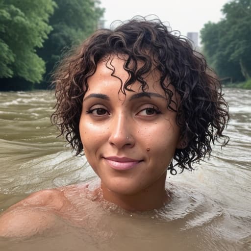  tanned woman's face with short and curly hair drowning in the river