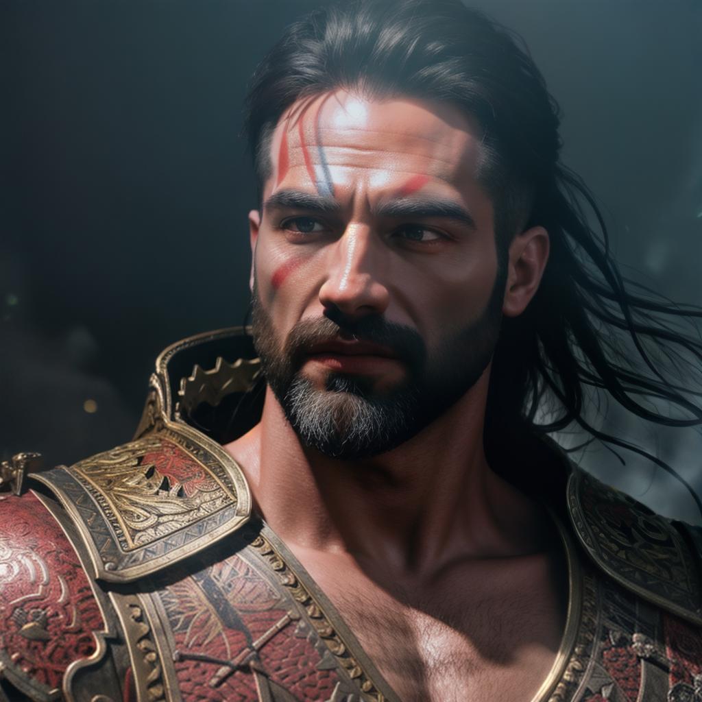  God of war hyperrealistic, full body, detailed clothing, highly detailed, cinematic lighting, stunningly beautiful, intricate, sharp focus, f/1. 8, 85mm, (centered image composition), (professionally color graded), ((bright soft diffused light)), volumetric fog, trending on instagram, trending on tumblr, HDR 4K, 8K