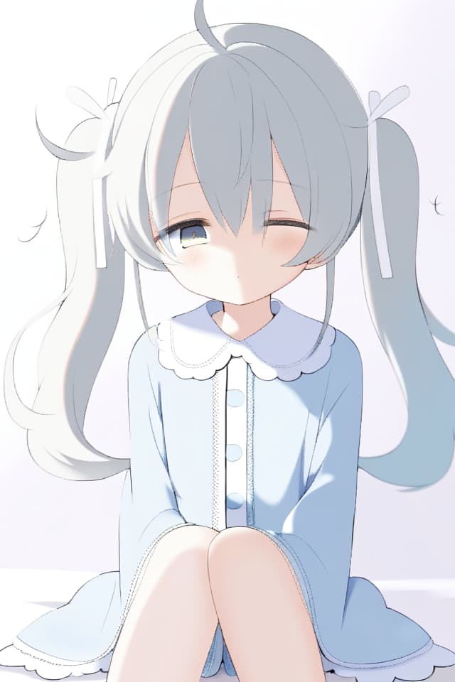  ((White ribbon on twin tails)) (Cute Girl) (Twin Tail) (White Ribbon In Her Hair) (Wearing Pajamas) (((Sleepy Eyes))) Quality, 8