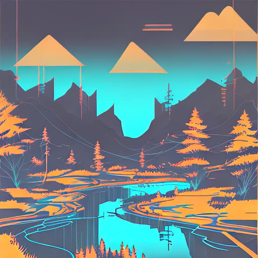 nvinkpunk Whimsical mountains with pond and trees in valley