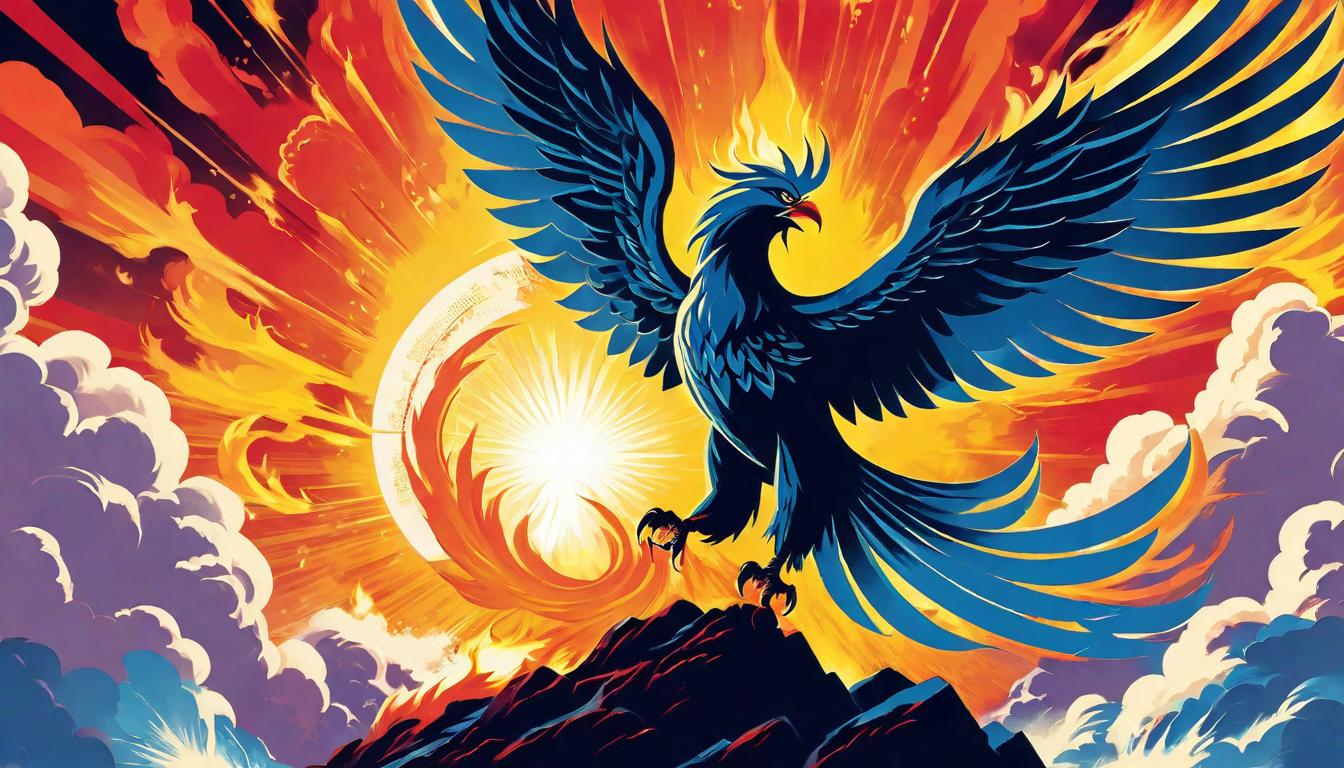  retro futuristic A phoenix rising from ashes against a dawn sky, symbolizing overcoming doubt and ascendancy, Flames reflecting rebirth, strength, and collective power, The silhouette of a new day beginning, challenge to the status quo lvintage sci fi, 50s and 60s style, atomic age, vibrant, highly detailed