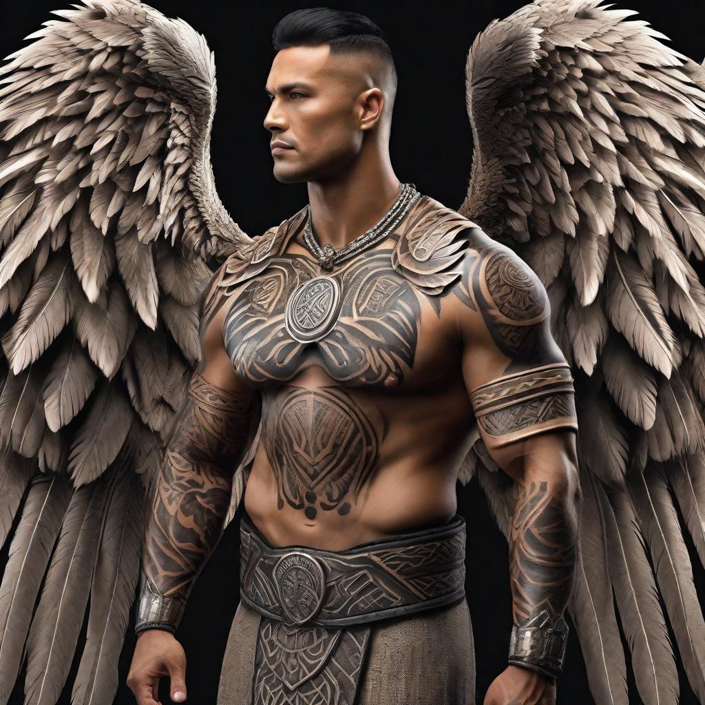  maori male warrior angel maori tattoos with massive wings , perfectionism, 4k, wallpaper, hyperrealism, lush detail hyperrealistic, full body, detailed clothing, highly detailed, cinematic lighting, stunningly beautiful, intricate, sharp focus, f/1. 8, 85mm, (centered image composition), (professionally color graded), ((bright soft diffused light)), volumetric fog, trending on instagram, trending on tumblr, HDR 4K, 8K