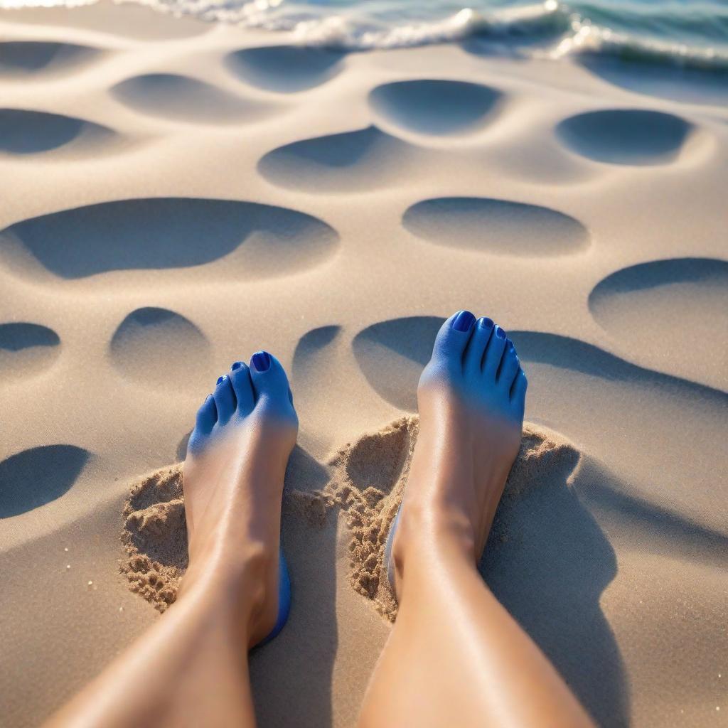  Bare feet with toenails painted blue in the sand at the beach. The scene should depict a sunny day with a clear view of the ocean in the background. hyperrealistic, full body, detailed clothing, highly detailed, cinematic lighting, stunningly beautiful, intricate, sharp focus, f/1. 8, 85mm, (centered image composition), (professionally color graded), ((bright soft diffused light)), volumetric fog, trending on instagram, trending on tumblr, HDR 4K, 8K