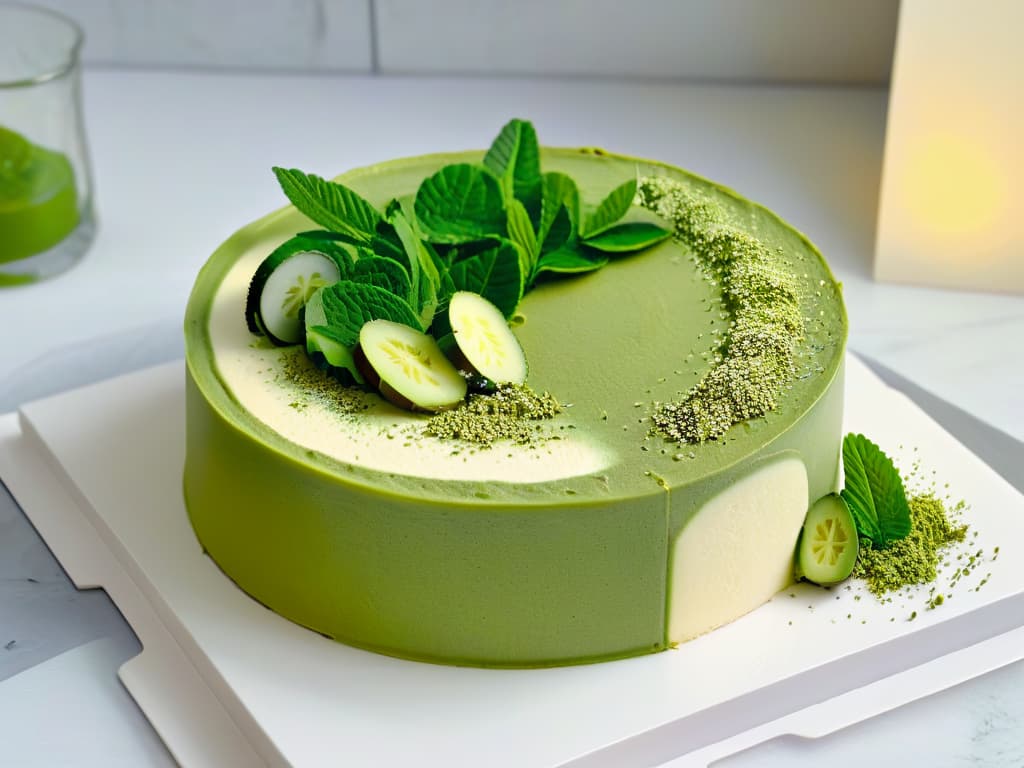  A closeup, ultradetailed image of a perfectly sliced matcha cheesecake on a white marble countertop. The slice showcases intricate layers of creamy matchainfused filling with a smooth, glossy surface, topped with delicate green tea powder sprinkles. The countertop is adorned with fresh, vibrant green tea leaves and a scattering of whole matcha tea leaves, elevating the visual appeal of the delicious dessert. The lighting is soft and natural, enhancing the textures and colors of the cheesecake, making it look irresistibly decadent and inviting. hyperrealistic, full body, detailed clothing, highly detailed, cinematic lighting, stunningly beautiful, intricate, sharp focus, f/1. 8, 85mm, (centered image composition), (professionally color graded), ((bright soft diffused light)), volumetric fog, trending on instagram, trending on tumblr, HDR 4K, 8K