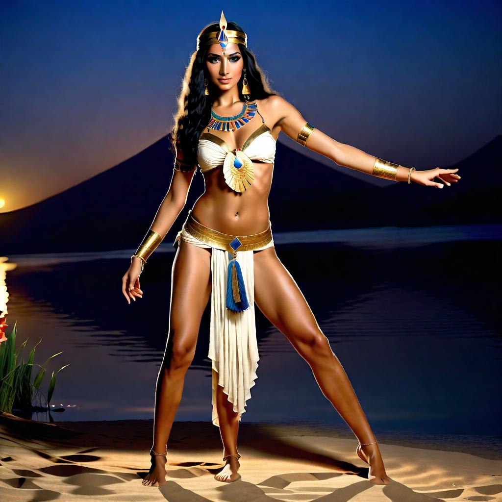  role-playing game (RPG) style fantasy role-playing game (RPG) style fantasy young ancient egyptian woman dance, small, (nude), without clothes,, natural, (topless), long black hair, at full heigh body, perfect symmetric eyes, gorgeous face, action pose, full height body, on the banks of the Nile, night. detailed, vibrant, immersive, reminiscent of high fantasy RPG games . detailed, vibrant, immersive, reminiscent of high fantasy RPG games