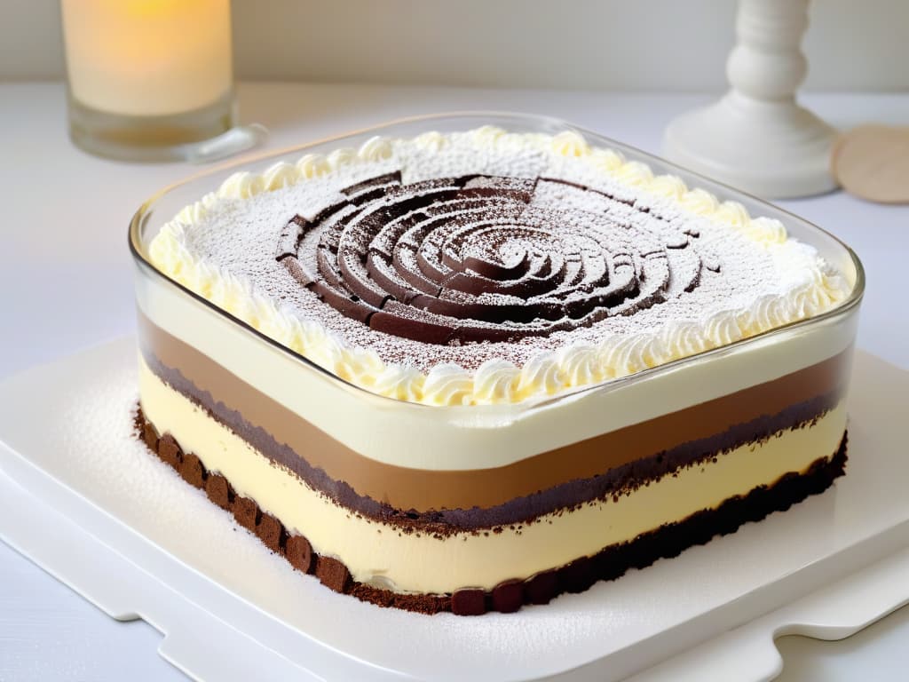  An ultradetailed closeup image of a luscious Tiramisú dessert served in a clear glass dish, showcasing the delicate layers of espressosoaked ladyfingers, creamy mascarpone cheese, and dusted cocoa powder. The smooth texture of the mascarpone against the crumbly texture of the ladyfingers is highlighted, with tiny specks of vanilla beans visible in the cream, all set against a white backdrop to enhance the minimalistic aesthetic. hyperrealistic, full body, detailed clothing, highly detailed, cinematic lighting, stunningly beautiful, intricate, sharp focus, f/1. 8, 85mm, (centered image composition), (professionally color graded), ((bright soft diffused light)), volumetric fog, trending on instagram, trending on tumblr, HDR 4K, 8K