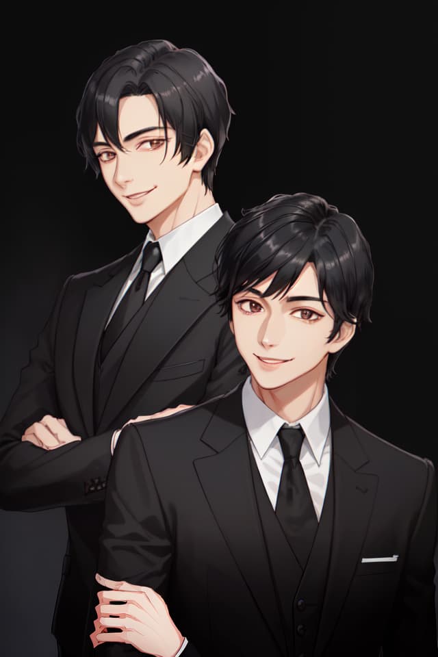  Black hair, black suit, handsome, duo, smile, true face