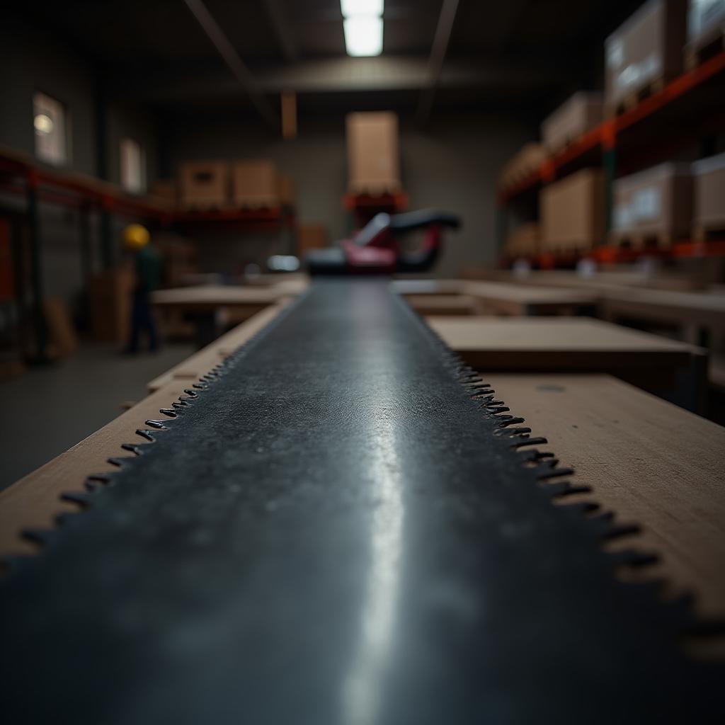  good quality, high quality, industrial handsaw close up in a warehouse, focusing on the bladeas teeth and reflective surface. no logos, no people present, sharp focal point on the cutting edge.