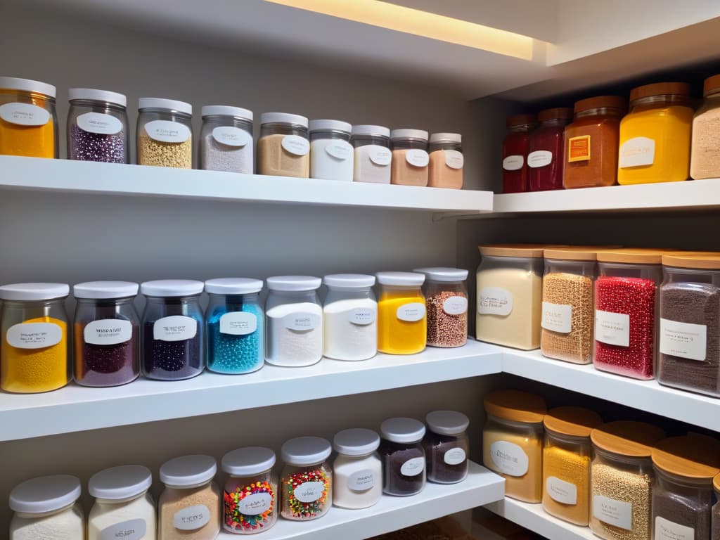  A minimalist image of a perfectly organized pantry shelves filled with neatly arranged jars of colorful sprinkles, various types of flour, sugar, and baking essentials. The labels on the containers are elegantly designed, adding a touch of sophistication to the overall aesthetic. The light filtering in through a nearby window casts a soft, warm glow on the organized supplies, creating a serene and inspiring atmosphere for culinary creativity. hyperrealistic, full body, detailed clothing, highly detailed, cinematic lighting, stunningly beautiful, intricate, sharp focus, f/1. 8, 85mm, (centered image composition), (professionally color graded), ((bright soft diffused light)), volumetric fog, trending on instagram, trending on tumblr, HDR 4K, 8K