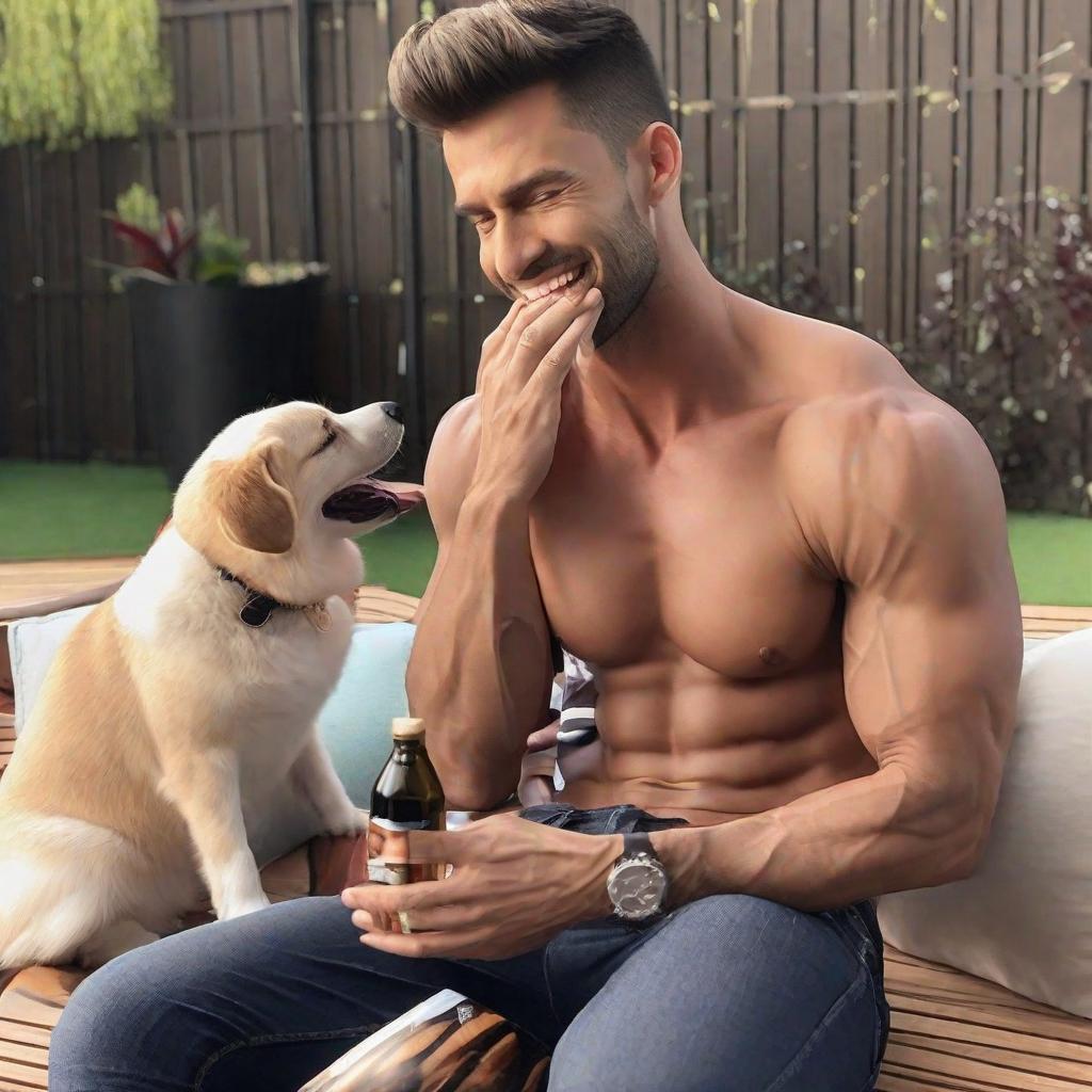  sixpack abs handsome man receiving a bj from his pet