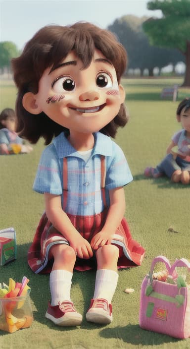  {Kids sitting around a picnic blanket, enjoying juice boxes and snacks., Children happily eating snacks, with crumbs on their faces and big smiles.