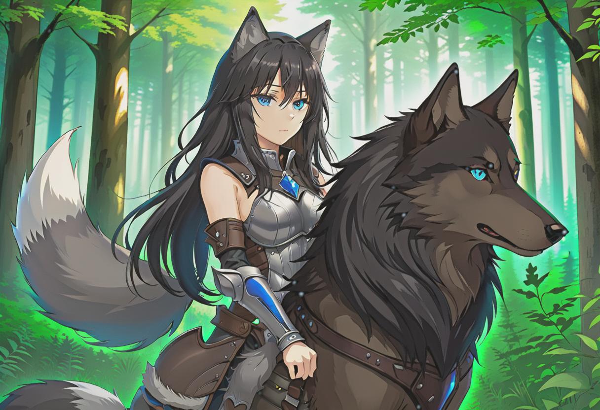  anime artwork A with long black hair, she has blue eyes and s of the second size, as well as wolf like ears and tail. She is wearing a leather armor, tight on her body and emphasizing the beauty of the wolf . She stands alone, behind her is a forest. She sits, looking far off. She is ve, sweet, beautiful and kind hearted, but tries to hide it. Lovely feet and socks. . anime style, key visual, vint, studio anime, highly detailed hyperrealistic, full body, detailed clothing, highly detailed, cinematic lighting, stunningly beautiful, intricate, sharp focus, f/1. 8, 85mm, (centered image composition), (professionally color graded), ((bright soft diffused light)), volumetric fog, trending on instagram, trending on tumblr, HDR 4K, 8K