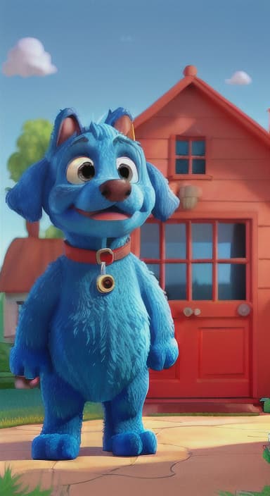  {Max the big blue dog standing in front of a cozy little house with a red door, The big blue dog is large with sky blue fur, big round eyes, a black nose, and floppy ears.