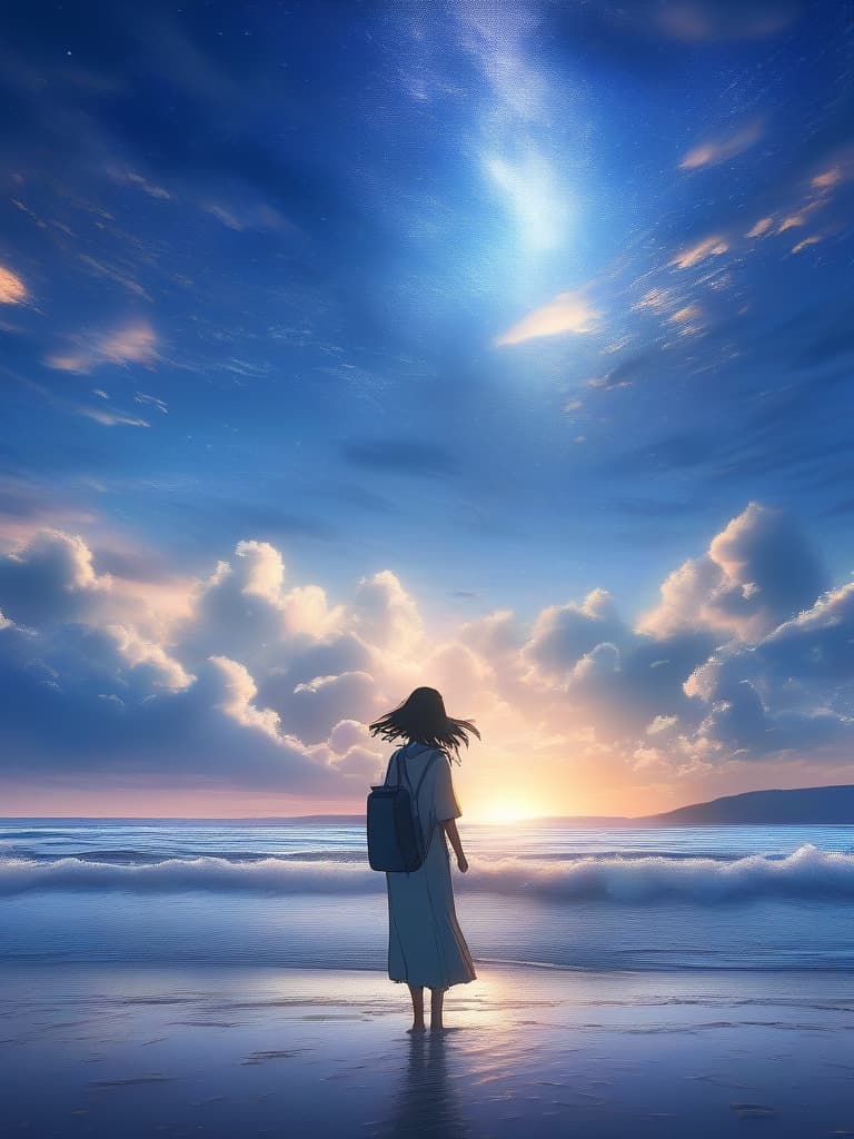  The sky is the night sky, the sunset is a little visible, the background is the sea, the sandy beach, while walking, the woman is looking up at the night sky,, masterpiece, best quality,8k,ultra detailed,high resolution,an extremely delicate and beautiful,hyper detail