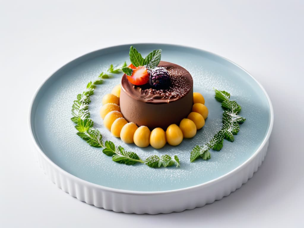  A minimalist style image of a beautifully plated chocolate mousse dessert garnished with a sprinkle of ashwagandha powder on top, set against a clean white background. The dessert is elegantly presented with a delicate mint leaf as a finishing touch, exuding a sense of indulgence and wellness. hyperrealistic, full body, detailed clothing, highly detailed, cinematic lighting, stunningly beautiful, intricate, sharp focus, f/1. 8, 85mm, (centered image composition), (professionally color graded), ((bright soft diffused light)), volumetric fog, trending on instagram, trending on tumblr, HDR 4K, 8K