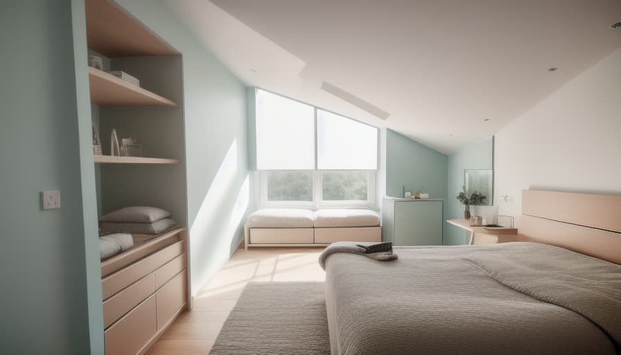  A high resolution photograph of a modern Bedroom, natural lighting, modern furniture, warm and welcoming ambiance, captured by a Canon EOS 5D Mark IV camera + Canon EF 16 35 mm f/2.8L II USM lens, bedroom of a villa. mint and white, light colors. open two small 60x30 cm windows on the wall of the head of bed, remove the mirror and table and add a long dresser in the corner.