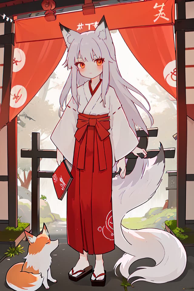  A , wearing a long hem hakama, , long hair, fox shrine maiden