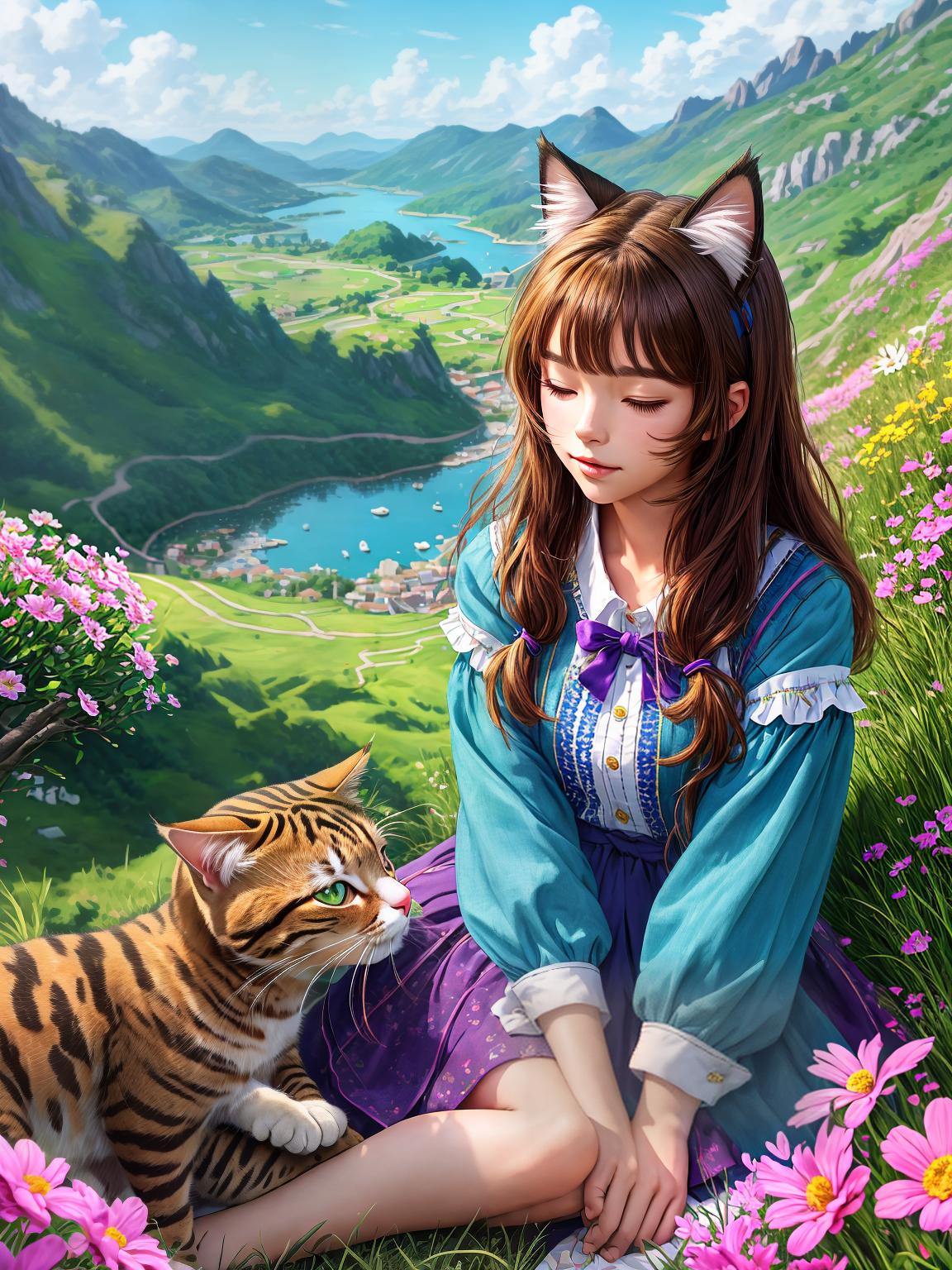 master piece, best quality, ultra detailed, highres, 4k.8k, Girl with Cat Ears, Enjoying the breeze, interacting with a cat, Serene, BREAK A girl with cat ears enjoying the breeze on a natural hill., Natural Hill, Grass, flowers, cat, BREAK Tranquil and serene, High quality, detailed, vibrant colors, realistic, crystallineAI