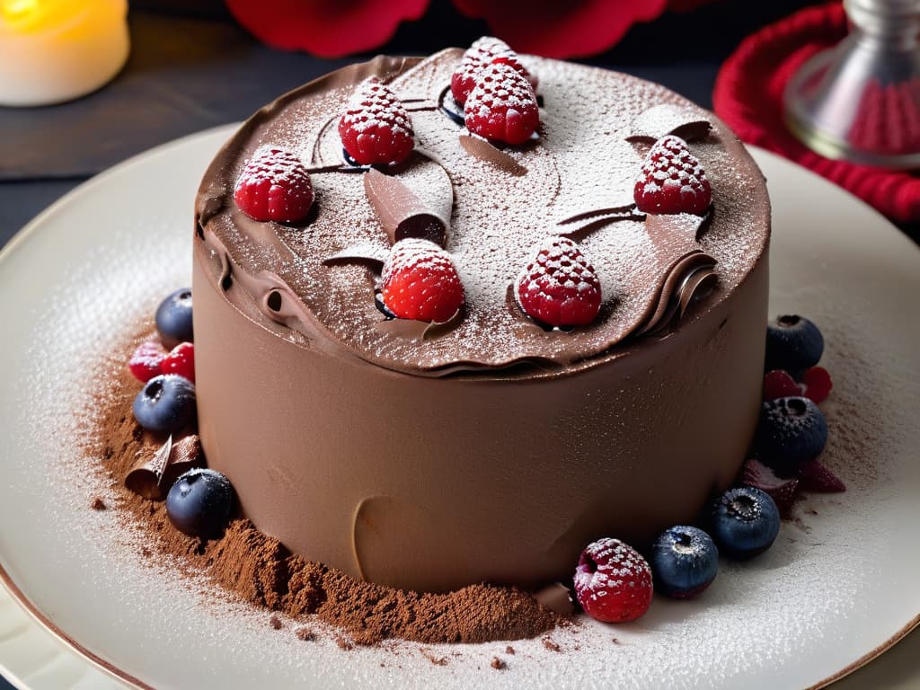  A closeup, ultradetailed image of a decadent chocolate avocado mousse topped with fresh raspberries and a dusting of cocoa powder. The mousse is perfectly smooth and glossy, with the vibrant red raspberries contrasting beautifully against the dark chocolate backdrop. The lighting is soft, highlighting the textures of the dessert and creating a visually striking composition that exudes sophistication and indulgence. hyperrealistic, full body, detailed clothing, highly detailed, cinematic lighting, stunningly beautiful, intricate, sharp focus, f/1. 8, 85mm, (centered image composition), (professionally color graded), ((bright soft diffused light)), volumetric fog, trending on instagram, trending on tumblr, HDR 4K, 8K