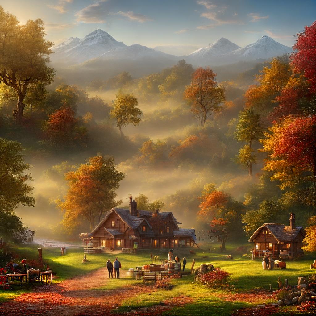  A stunning Thanksgiving card, created with meticulous attention to detail, in 8k resolution. The main focus is a picturesque countryside landscape, with rolling hills and a quaint farmhouse. The autumn colors are (vibrant and rich), with ((crimson red) and (golden yellow) leaves) scattered across the ground. A (happy family) is seen in the distance, gathering around a (charming scarecrow), symbolizing the harvest season. hyperrealistic, full body, detailed clothing, highly detailed, cinematic lighting, stunningly beautiful, intricate, sharp focus, f/1. 8, 85mm, (centered image composition), (professionally color graded), ((bright soft diffused light)), volumetric fog, trending on instagram, trending on tumblr, HDR 4K, 8K