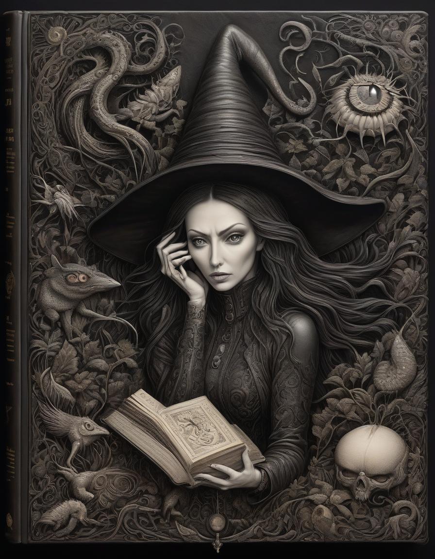  Sandra Silberzweig, Naoto Hattori, zentangle painting, black and white illustrations. Illustration, surrealism and symbolism by Gertrude Abercrombie, depicting a large, terrible, scary witch's book bound in leather. The book is closed, there are symbols and a scary open eye on the leather cover, and there is also a hand with long claws on the book. The background is mandrake plants and strange creatures, an atmosphere of danger. Best quality, noted as a masterpiece in the fantasy genre, mysticism, good detail, good drawing, clear outlines, B. Kliban, Benjamin Lacombe, Jasmine Beckett Griffith, hyperrealistic, full body, detailed clothing, highly detailed, cinematic lighting, stunningly beautiful, intricate, sharp focus, f/1. 8, 85mm, (centered image composition), (professionally color graded), ((bright soft diffused light)), volumetric fog, trending on instagram, trending on tumblr, HDR 4K, 8K