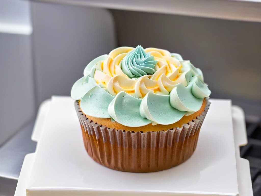  An ultradetailed closeup image of a chef's hands meticulously piping delicate swirls of pastelcolored buttercream onto a perfectly baked cupcake. The focus is on the intricate details of the piping tip creating precise patterns on the smooth surface of the cupcake, showcasing the artistry and precision involved in pastry decoration. The colors are soft and harmonious, emphasizing the elegance and skill required in the integration of applications in the pastrymaking process. hyperrealistic, full body, detailed clothing, highly detailed, cinematic lighting, stunningly beautiful, intricate, sharp focus, f/1. 8, 85mm, (centered image composition), (professionally color graded), ((bright soft diffused light)), volumetric fog, trending on instagram, trending on tumblr, HDR 4K, 8K