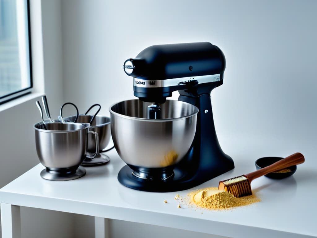  An ultradetailed image of a pristine white kitchen countertop with a sleek, modern stand mixer in a matte black finish, surrounded by meticulously arranged stainless steel measuring cups and spoons. The mixer's glass bowl is filled with perfectly sifted flour, and a beam of soft, natural light illuminates the scene, casting a gentle shadow of a whisk on the immaculate surface. The overall aesthetic is clean, elegant, and inviting, embodying precision and professionalism in the art of baking. hyperrealistic, full body, detailed clothing, highly detailed, cinematic lighting, stunningly beautiful, intricate, sharp focus, f/1. 8, 85mm, (centered image composition), (professionally color graded), ((bright soft diffused light)), volumetric fog, trending on instagram, trending on tumblr, HDR 4K, 8K