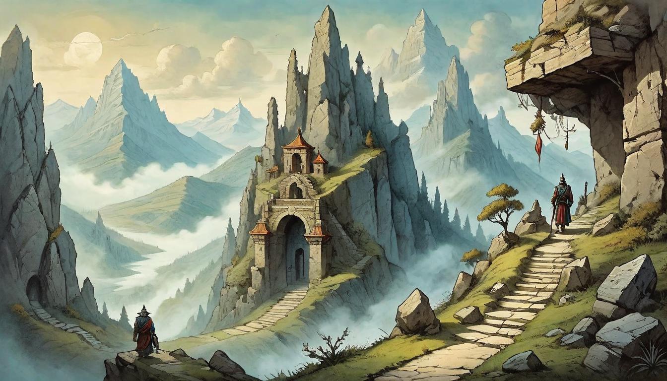  on parchment, surrealism+++, A narrow pathway leading to a mountaintop, guarded by ancient stone guardians. Pathway steep and rugged, guardians solemn and mystical, journey of perseverance, ascension to enlightenment, a quest for higher understanding(mysterious, provocative, symbolic,muted color)+++