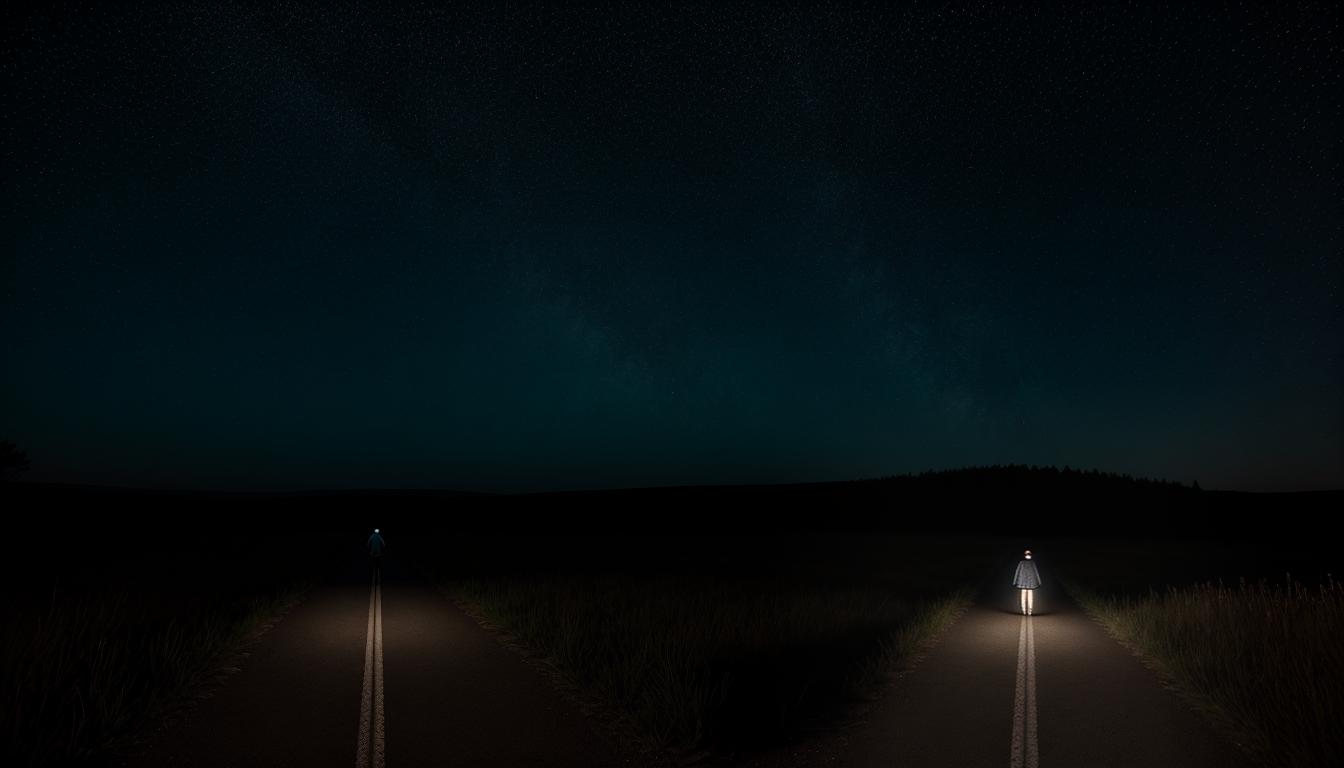  cinematic, aesthetic, Person walking a lone path, night sky full of stars, guiding light in hand, solitary journey, unwavering values, 4k, HDR, lens flare