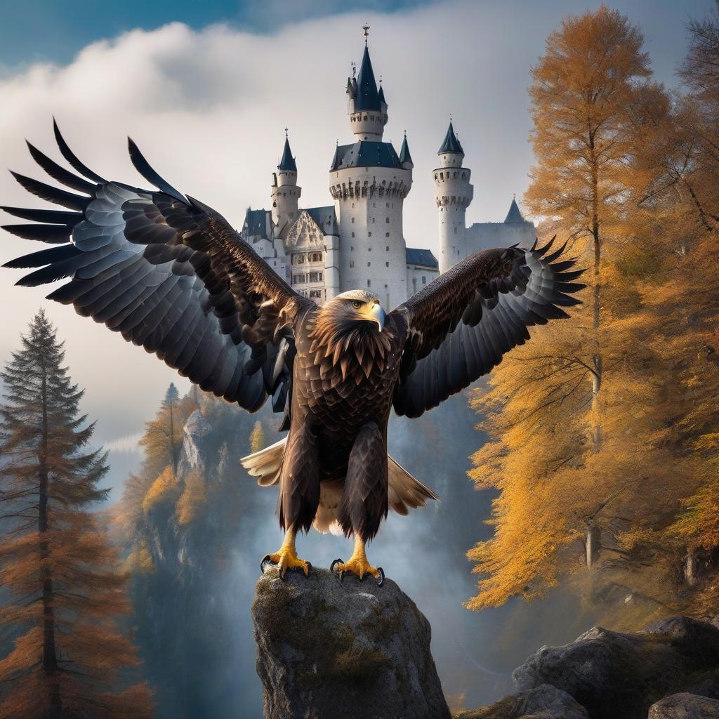  Fairy tale blue eyed eagle. Neuschwanstein. hyperrealistic, full body, detailed clothing, highly detailed, cinematic lighting, stunningly beautiful, intricate, sharp focus, f/1. 8, 85mm, (centered image composition), (professionally color graded), ((bright soft diffused light)), volumetric fog, trending on instagram, trending on tumblr, HDR 4K, 8K