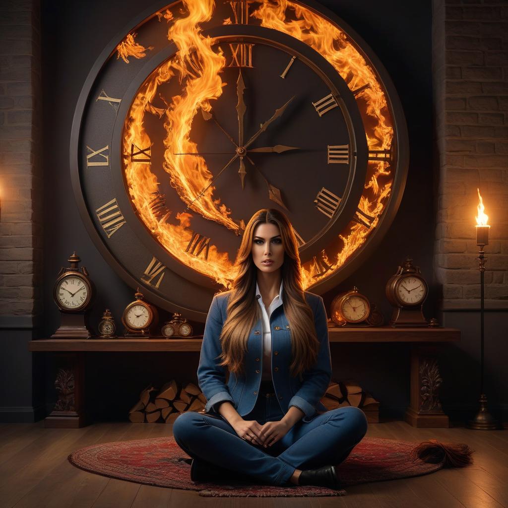  Huge clocks burn with a bright flame on the wall by the method of creating fire on the clocks. A girl with long hair sits on the floor beneath them. hyperrealistic, full body, detailed clothing, highly detailed, cinematic lighting, stunningly beautiful, intricate, sharp focus, f/1. 8, 85mm, (centered image composition), (professionally color graded), ((bright soft diffused light)), volumetric fog, trending on instagram, trending on tumblr, HDR 4K, 8K