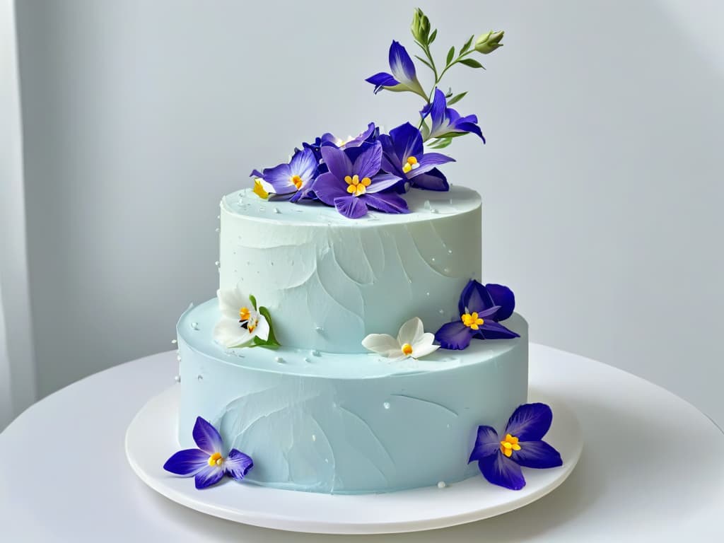  A closeup, ultradetailed image of a perfectly frosted threetiered wedding cake, adorned with delicate edible flowers in soft pastel colors, sitting on a sleek, modern cake stand against a clean white backdrop. The intricate piping work and flawless smooth finish of the buttercream are highlighted, showcasing the artistry and skill involved in creating such a stunning centerpiece for a special event. hyperrealistic, full body, detailed clothing, highly detailed, cinematic lighting, stunningly beautiful, intricate, sharp focus, f/1. 8, 85mm, (centered image composition), (professionally color graded), ((bright soft diffused light)), volumetric fog, trending on instagram, trending on tumblr, HDR 4K, 8K