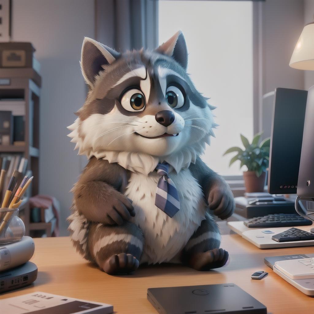  raccoon sitting in gaming chair front a computer on desktop, ((semi anthropomorphic)),(full body), tail, belly, sitting, fat, (chubby), (((white background))), solo, desktop, gaming chair, side view,  [[[clothes]]] hyperrealistic, full body, detailed clothing, highly detailed, cinematic lighting, stunningly beautiful, intricate, sharp focus, f/1. 8, 85mm, (centered image composition), (professionally color graded), ((bright soft diffused light)), volumetric fog, trending on instagram, trending on tumblr, HDR 4K, 8K