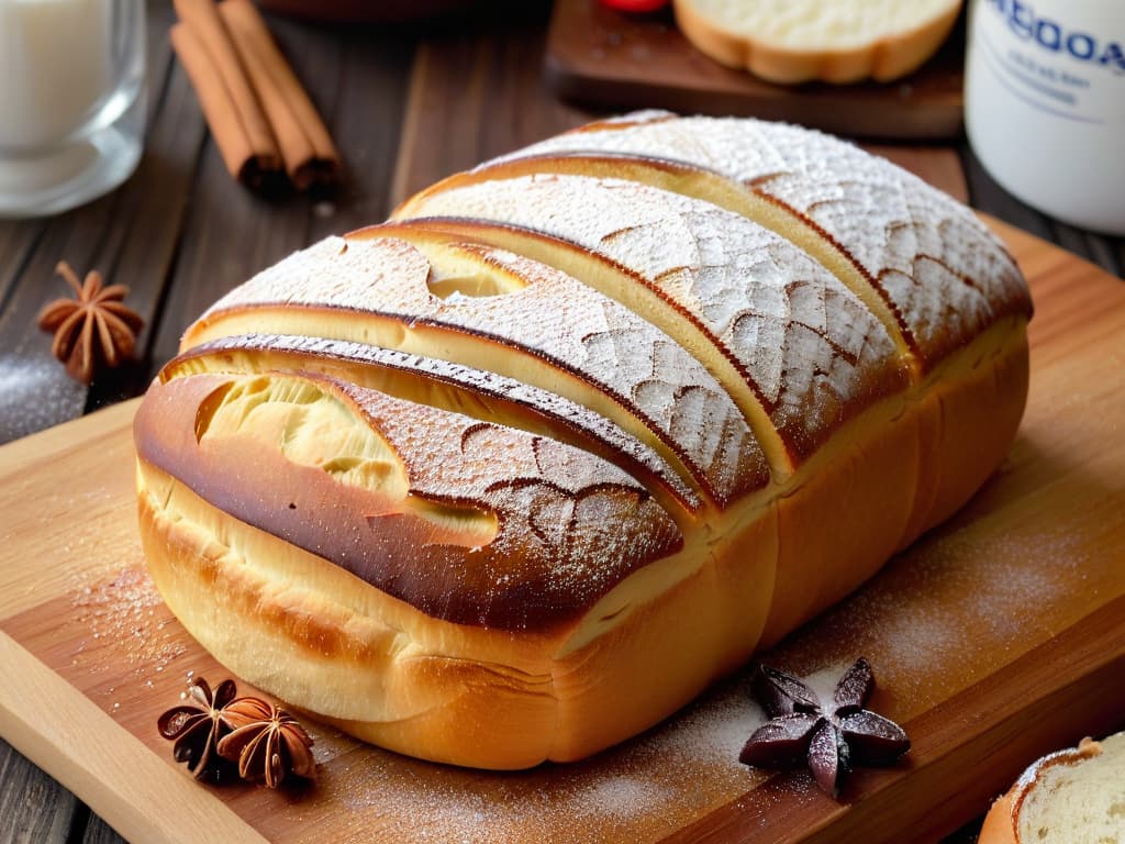  A closeup, ultradetailed image of golden, freshly baked pan dulce, resting on a rustic wooden cutting board. The bread's textured surface glistens with a light dusting of powdered sugar, highlighting the intricate swirls of cinnamon and raisins peeking through the soft, pillowy dough. Each crumb appears perfectly moist and airy, emitting a warm, inviting aroma that seems to waft off the screen. The rich, caramelized crust of the bread contrasts beautifully with the natural wood backdrop, enhancing the visual appeal of this traditional homemade treat. hyperrealistic, full body, detailed clothing, highly detailed, cinematic lighting, stunningly beautiful, intricate, sharp focus, f/1. 8, 85mm, (centered image composition), (professionally color graded), ((bright soft diffused light)), volumetric fog, trending on instagram, trending on tumblr, HDR 4K, 8K