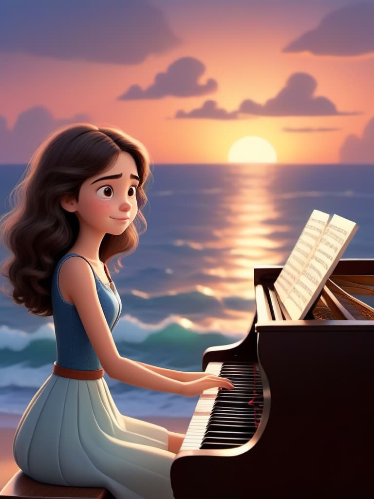  pixar style, woman, 21 years, (full figure:1,5) she has wavy dark brown hair below her shoulders, she has brown eyes, she sits at home at the piano and composes songs, with the sea and sunset in the background