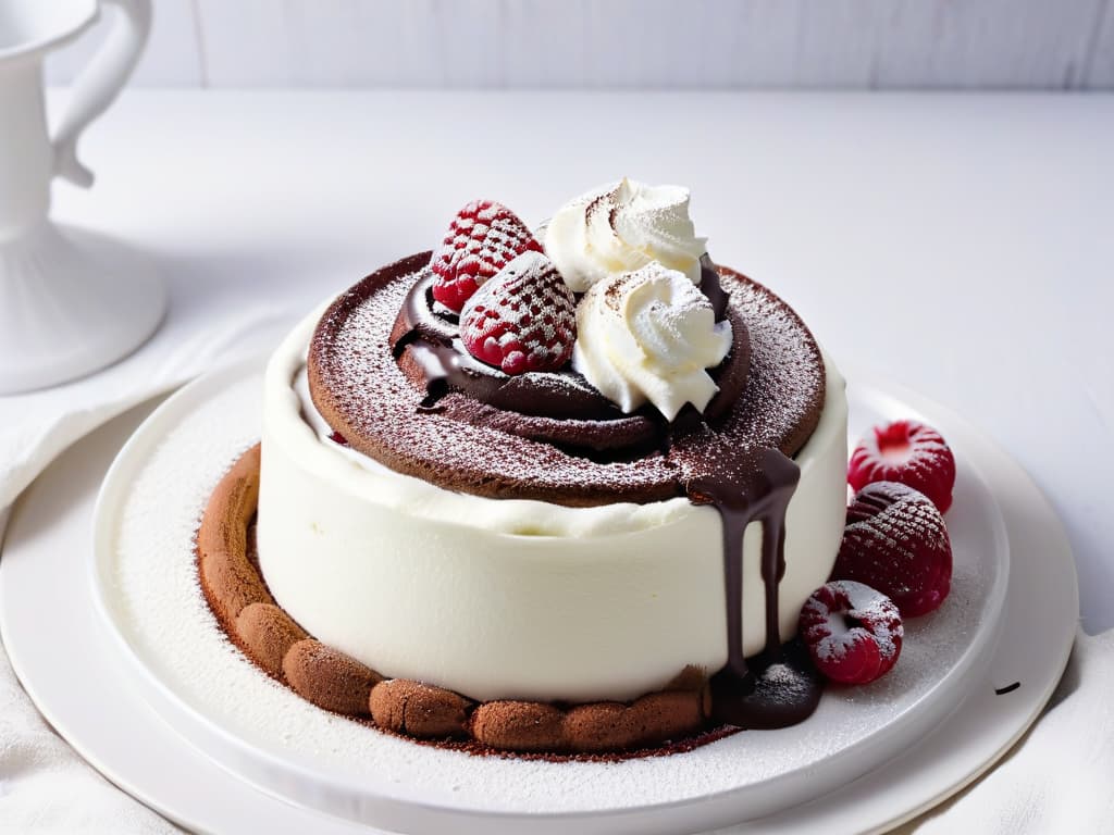  A minimalistic, ultradetailed image of a decadent chocolate lava cake topped with a dollop of whipped cream, sprinkled with cocoa powder, and garnished with fresh raspberries on a sleek white plate. The cake is perfectly moist, with a rich molten center oozing out, set against a soft focus background that enhances the dessert's elegance and indulgence. hyperrealistic, full body, detailed clothing, highly detailed, cinematic lighting, stunningly beautiful, intricate, sharp focus, f/1. 8, 85mm, (centered image composition), (professionally color graded), ((bright soft diffused light)), volumetric fog, trending on instagram, trending on tumblr, HDR 4K, 8K