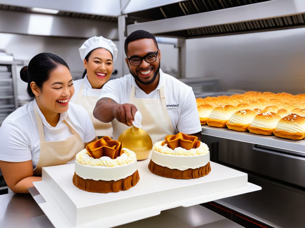  A closeup, ultradetailed image of a diverse group of individuals with different disabilities, joyfully working together in a bright, modern bakery kitchen. The focus is on their hands as they expertly decorate intricate pastries and cakes, showcasing their skills and determination. The scene exudes empowerment, teamwork, and inclusivity, with subtle touches of vibrant colors and soft lighting adding a sense of warmth and positivity to the atmosphere. hyperrealistic, full body, detailed clothing, highly detailed, cinematic lighting, stunningly beautiful, intricate, sharp focus, f/1. 8, 85mm, (centered image composition), (professionally color graded), ((bright soft diffused light)), volumetric fog, trending on instagram, trending on tumblr, HDR 4K, 8K