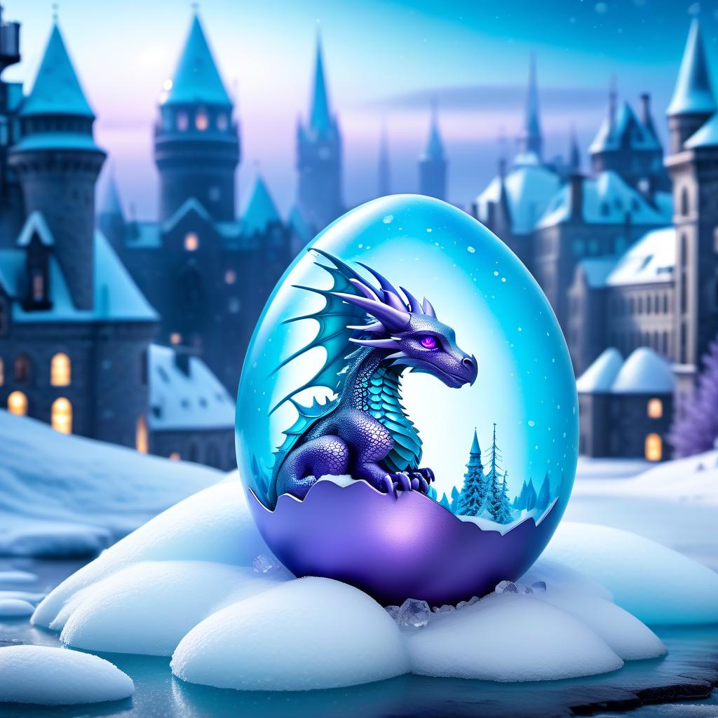  metropolis themed A small fiery dragon with turquoise blue eyes and lilac purple wings sits in a cracked egg among the polar ice and looks at an elegant white and cream snowflake. (Cracked egg):pastel colours from pale blue to pearlescent with blue streaks of ice. (Background):polar night, northern lights, falling snowflakes. . urban, cityscape, skyscrapers, modern, futuristic, highly detailed hyperrealistic, full body, detailed clothing, highly detailed, cinematic lighting, stunningly beautiful, intricate, sharp focus, f/1. 8, 85mm, (centered image composition), (professionally color graded), ((bright soft diffused light)), volumetric fog, trending on instagram, trending on tumblr, HDR 4K, 8K