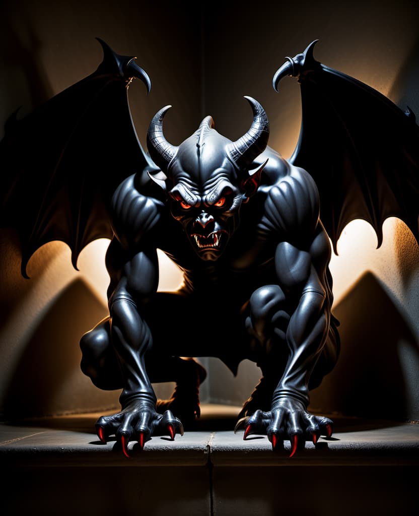  A black devil crouching like a gargoyle looks at me from a dark corner. In a dimly lit room.